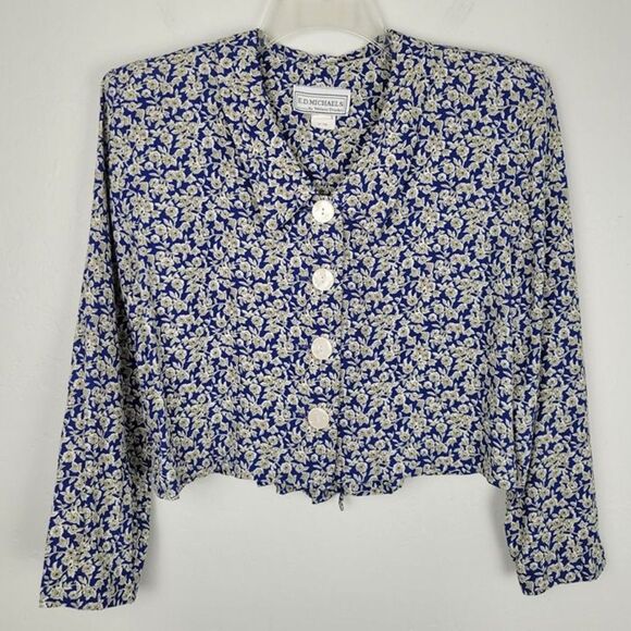 E.D. Michaels Size 5-6 Vintage Crop Blouse Buttons Long Sleeve Floral Blue - Picture 1 of 8